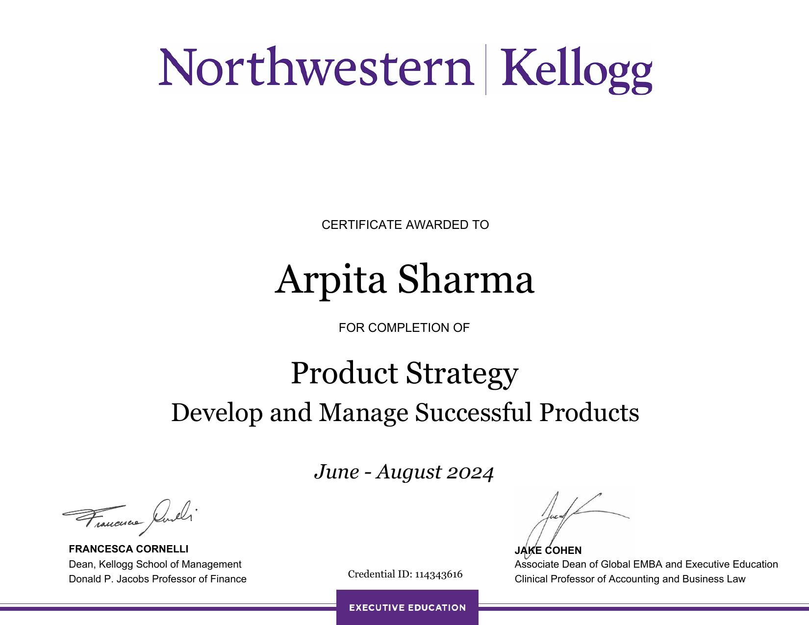Kellogg Executive Education Product Strategy certificate