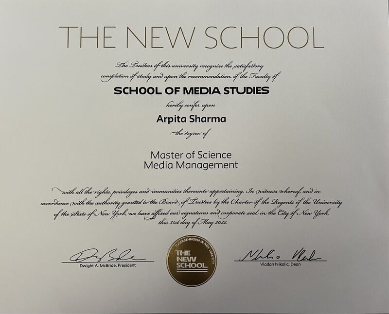 The New School Master of Science in Media Management diploma